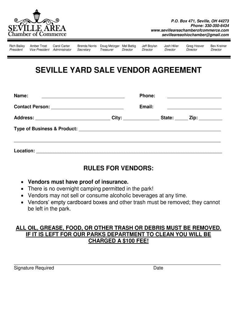 Fillable Online SEVILLE YARD SALE VENDOR AGREEMENT Fax Email Print