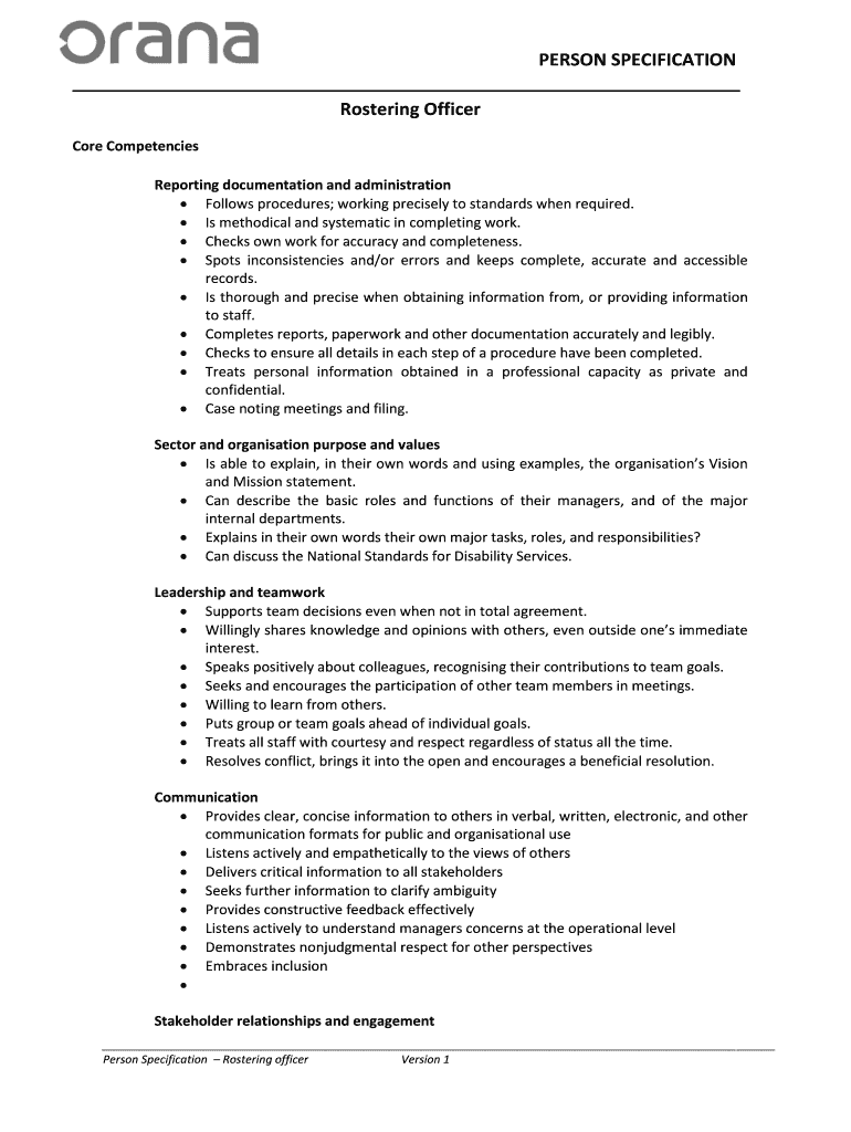 Fillable Online PERSON SPECIFICATION Rostering Officer - Orana ...