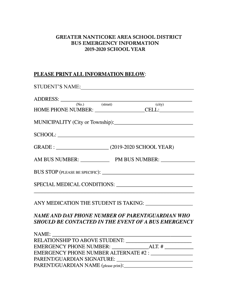 Fillable Online GNA Bus Emergency Info Greater Nanticoke Area School District Fax Email Print