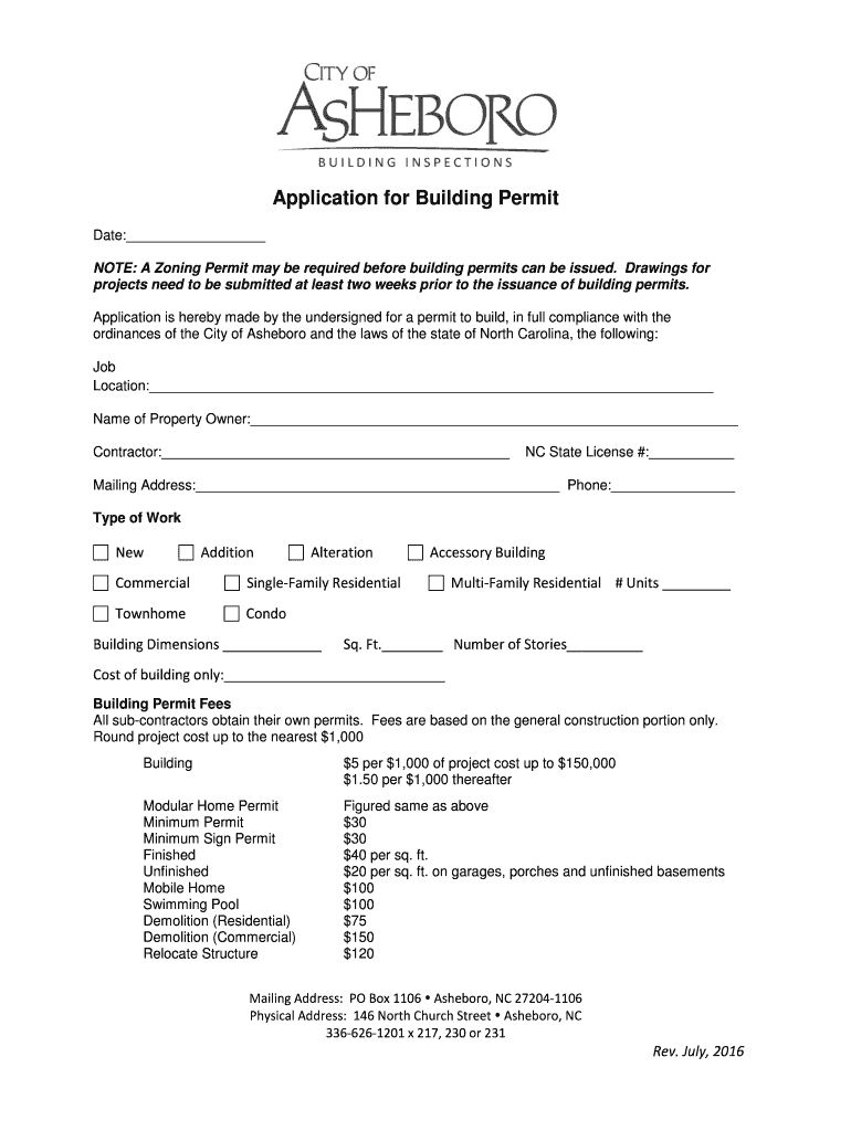Fillable Online Application for Building Permit City of Asheboro Fax