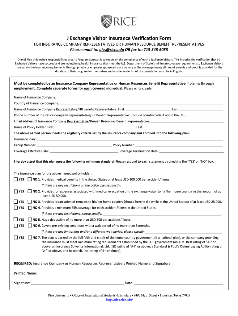 J-1 Insurance Verification Form for Insurance Companies Preview on Page 1