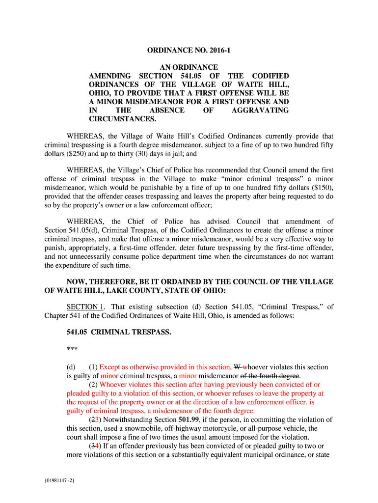 Fillable Online Ordinances Waite Hill Village Fax Email Print pdfFiller