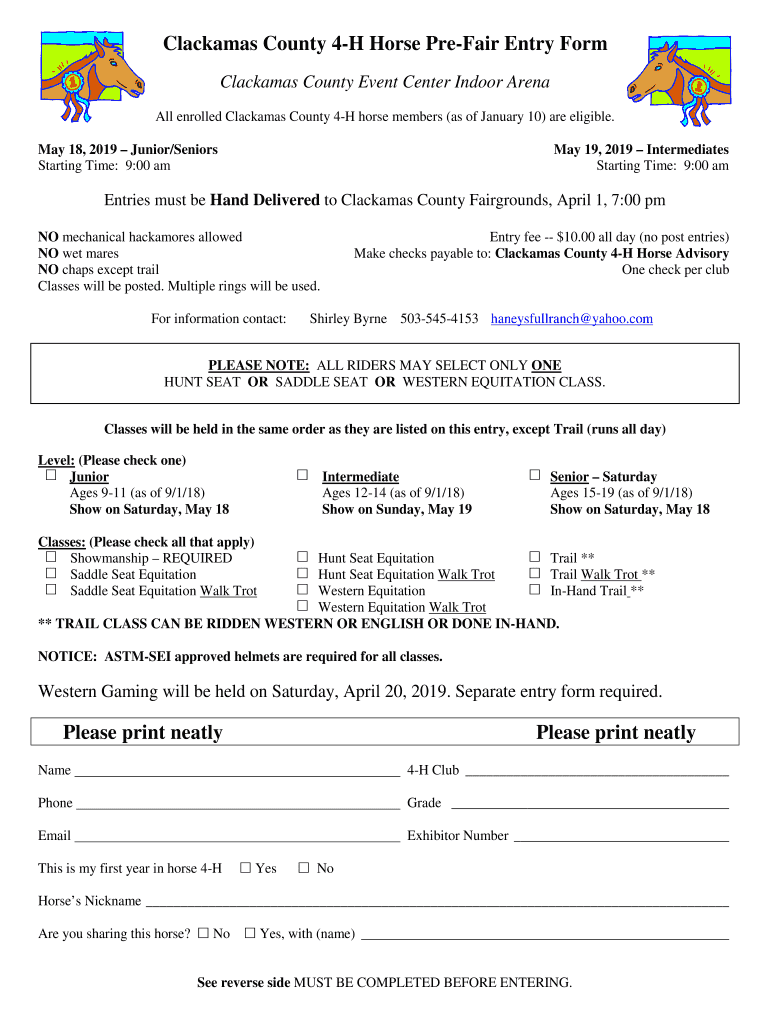 Fillable Online extension oregonstate Clackamas County 4H Horse Pre