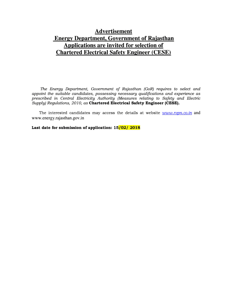 Chartered Electrical Safety Engineer Rajasthan Fill Online, Printable