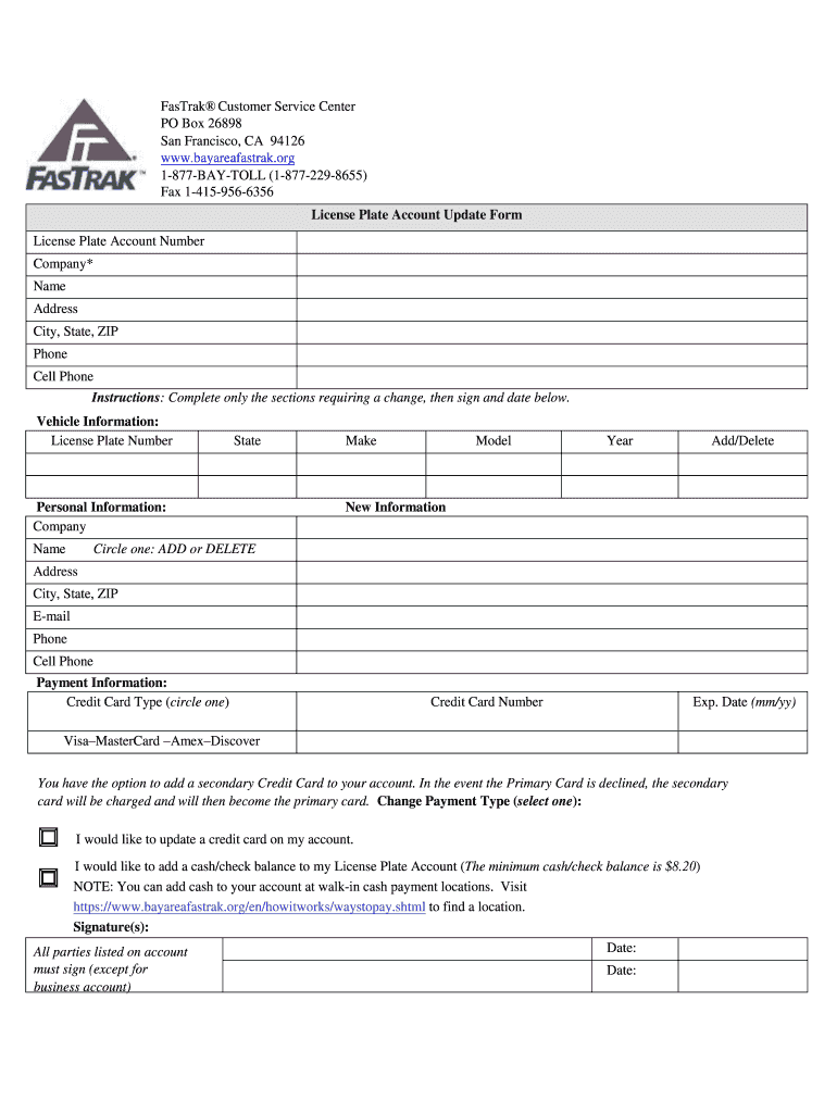 Fillable Online Account Update Form FasTrak Account Number Company