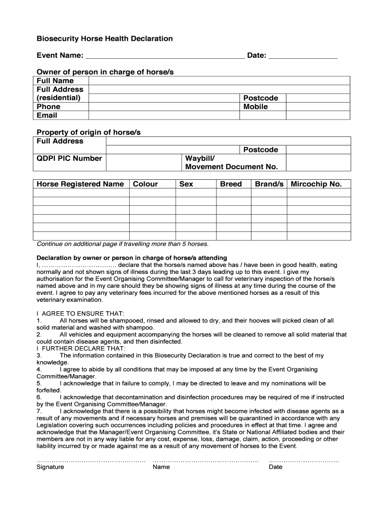 Fillable Online QCAS Horse Declaration Form Bell Show Society Fax