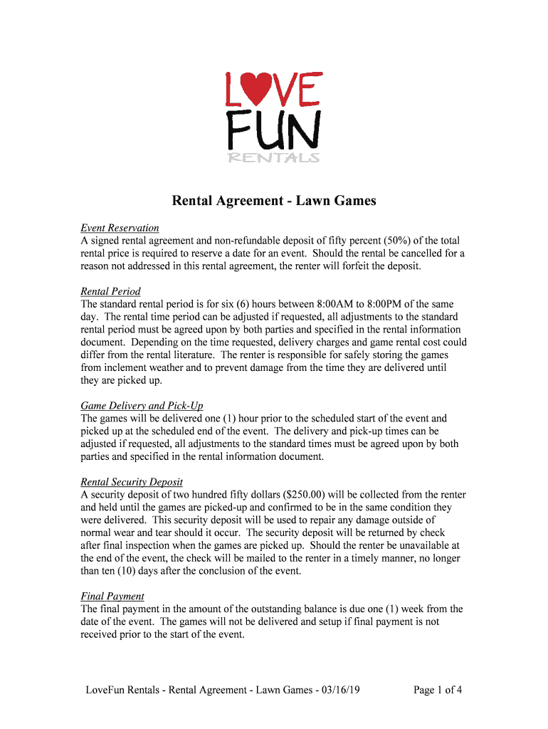 Lawn Game Rental Agreement - Love Fun Rentals Preview on Page 1