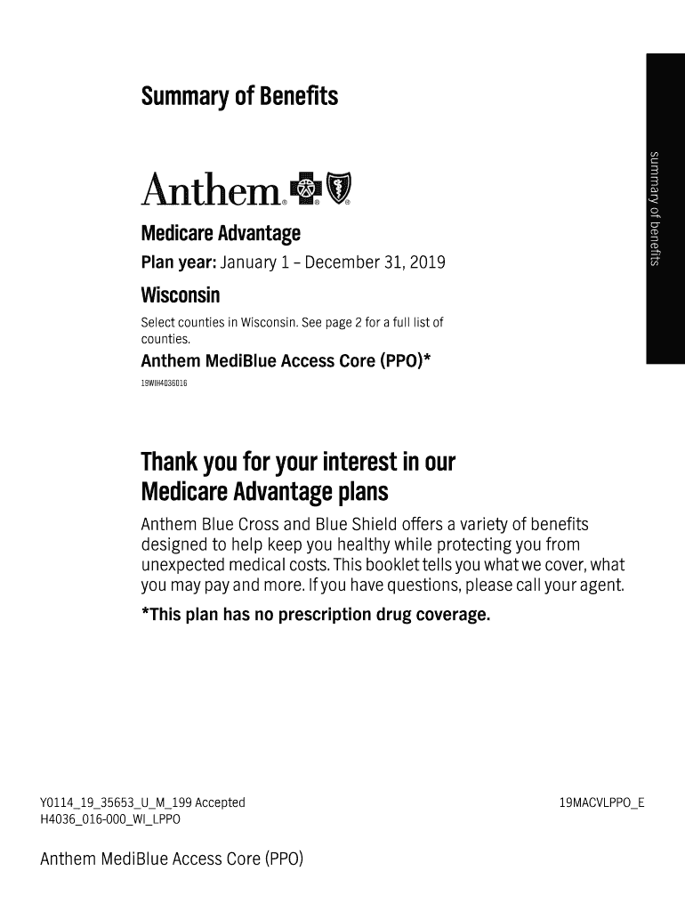 Fillable Online Summary of Benefits for Anthem MediBlue Access Core