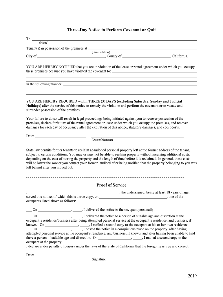 Three-Day Notice to Perform Covenant or Quit Preview on Page 1