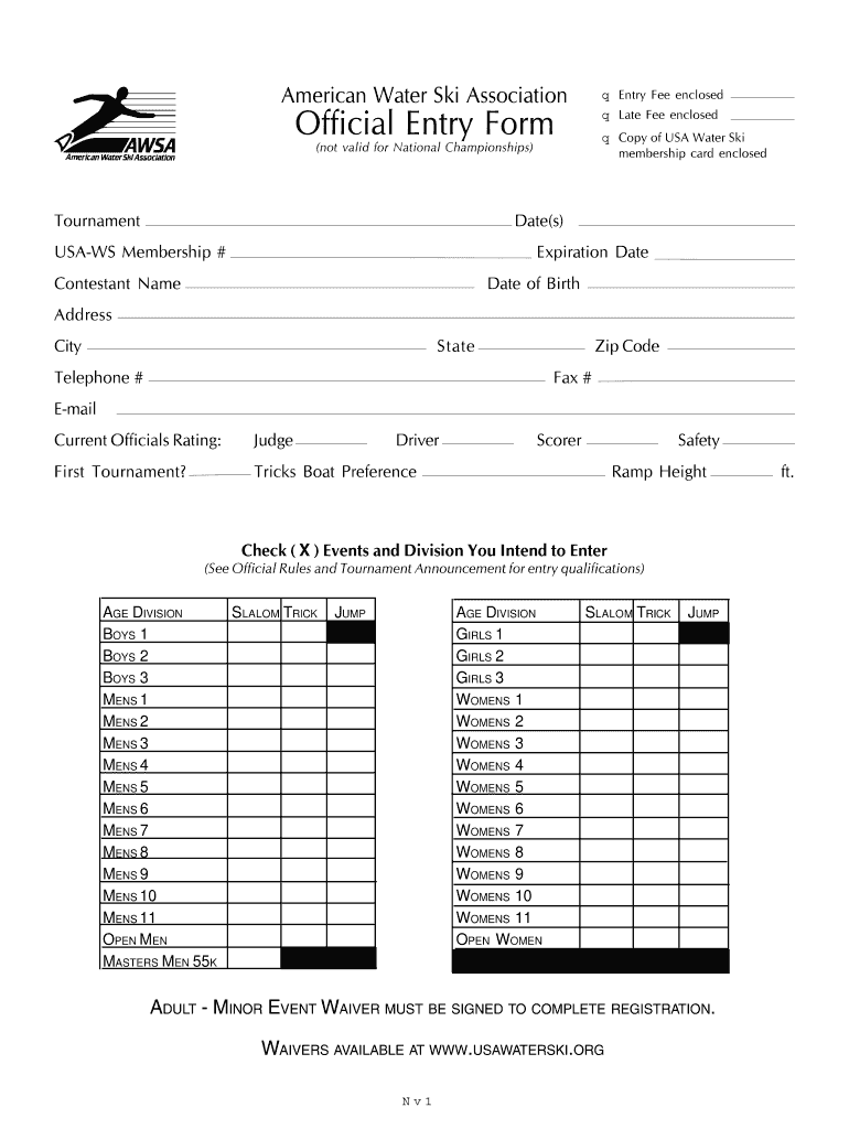 Fillable Online AWSA entry form International Water Ski Federation