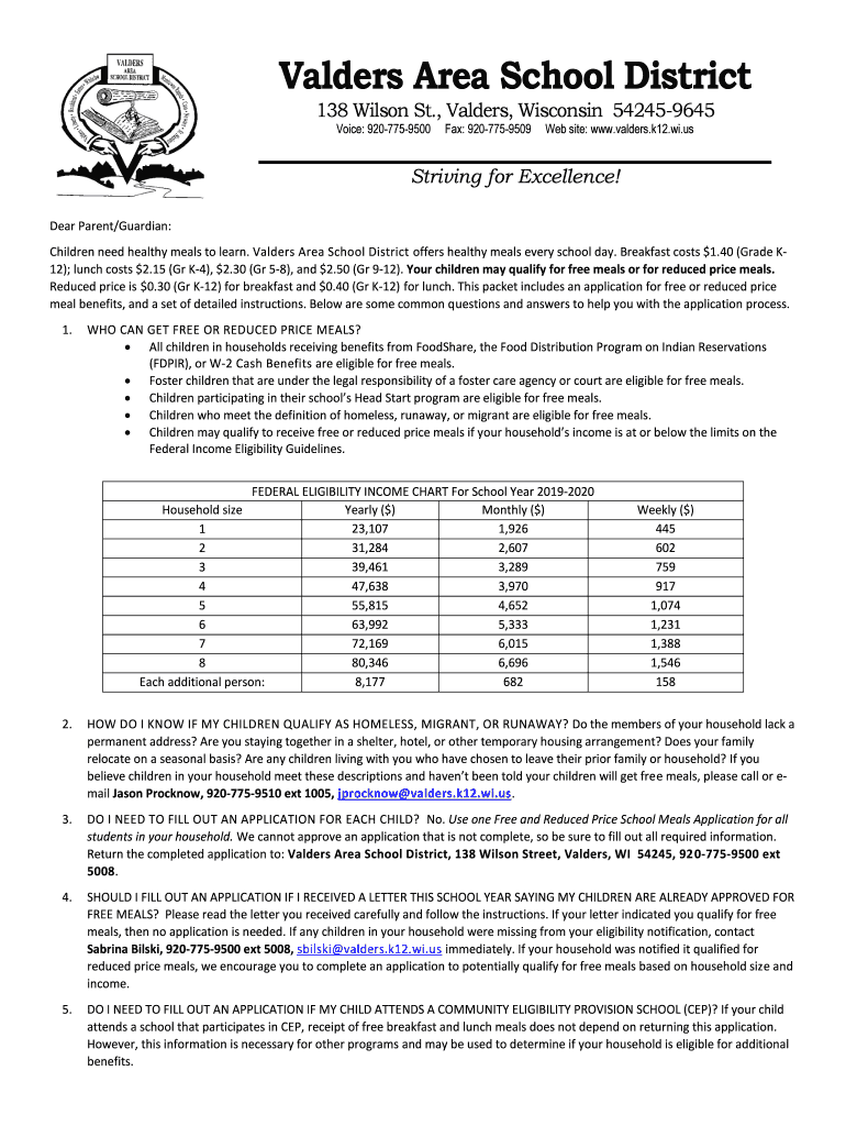 Fillable Online Free and Reduced Meals Valders Area School District