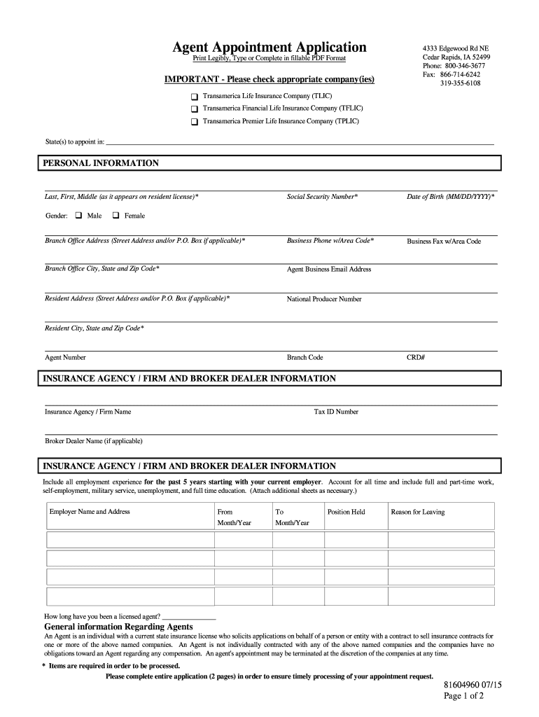 transamerica agent appointment application Preview on Page 1