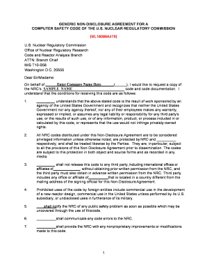 Generic Non-Disclosure Agreement for a Computer Safety Code of the U.S. Nuclear Regulatory Commission.