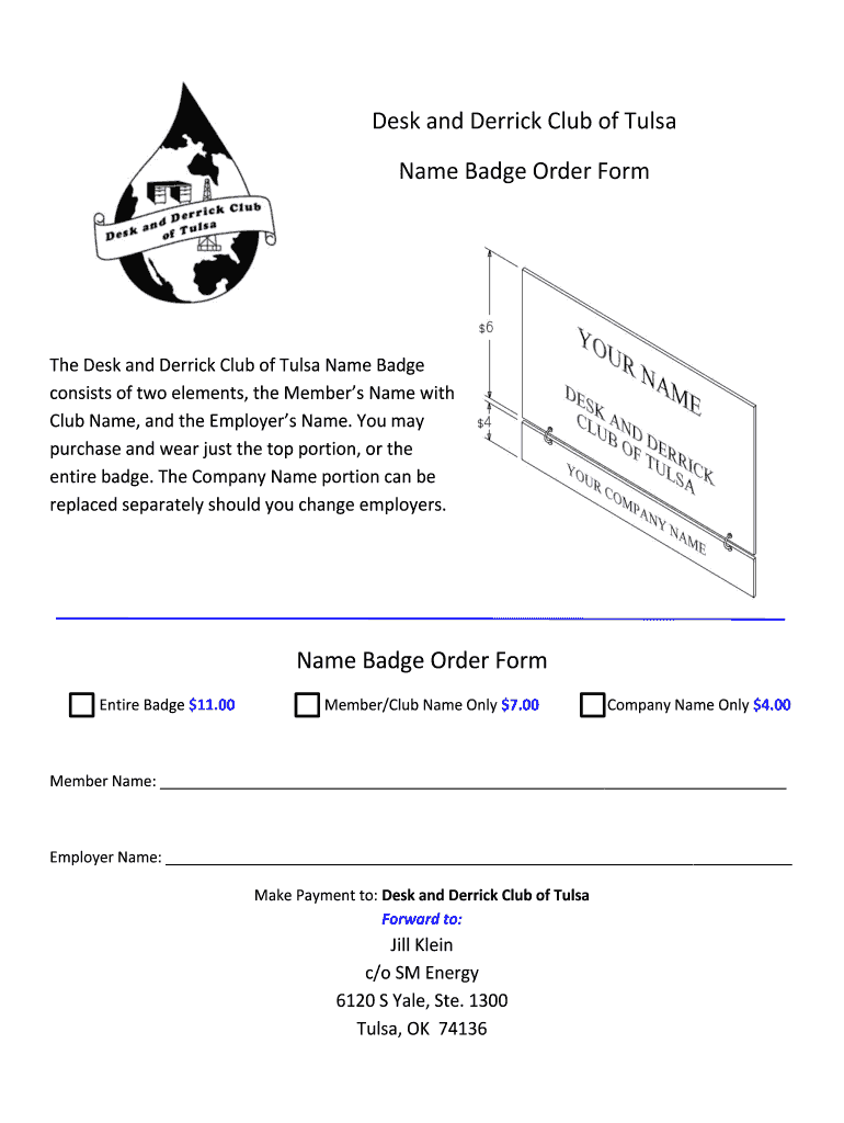 Fillable online desk and derrick club of tulsa name badge order form