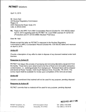 PETNET Solutions, Inc., Reply to NRC Form 699 Conversation Record on License No. 41-32720-03, 41-32720-04MD.