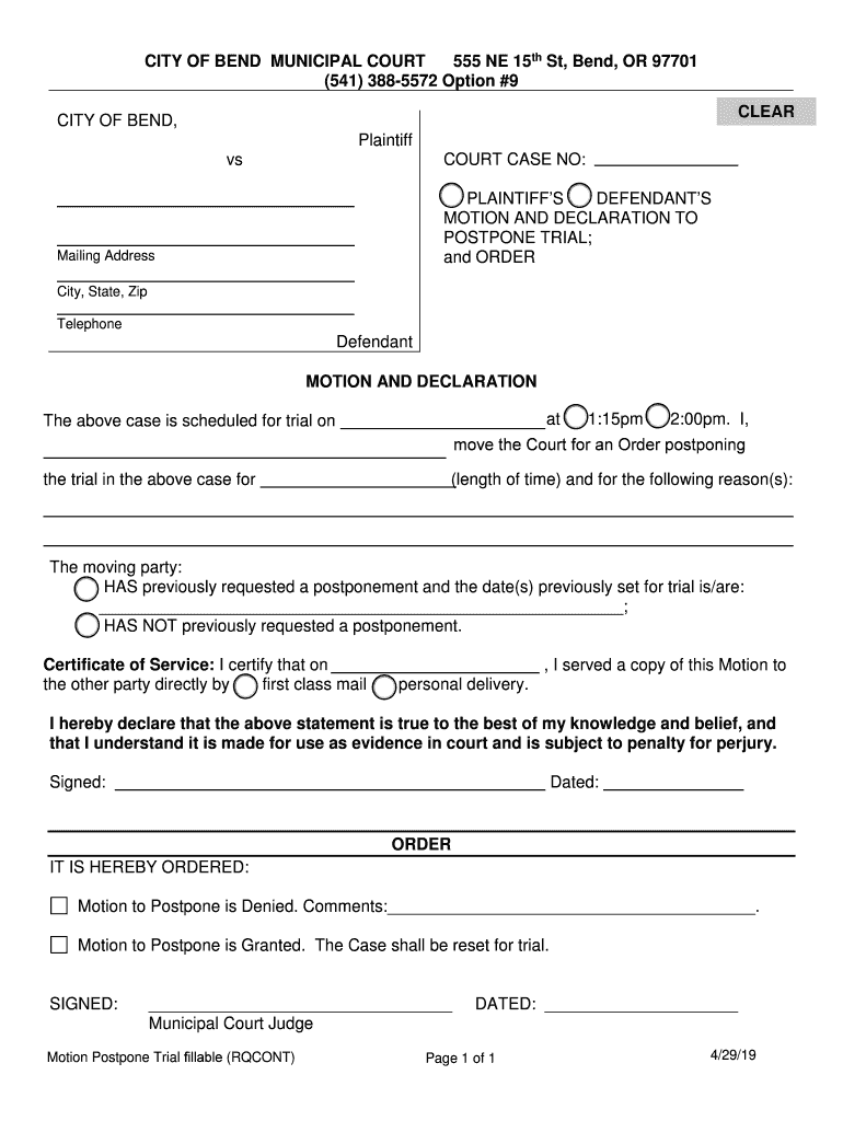 Fillable Online Motion Postpone Trial fillable Fax Email Print pdfFiller