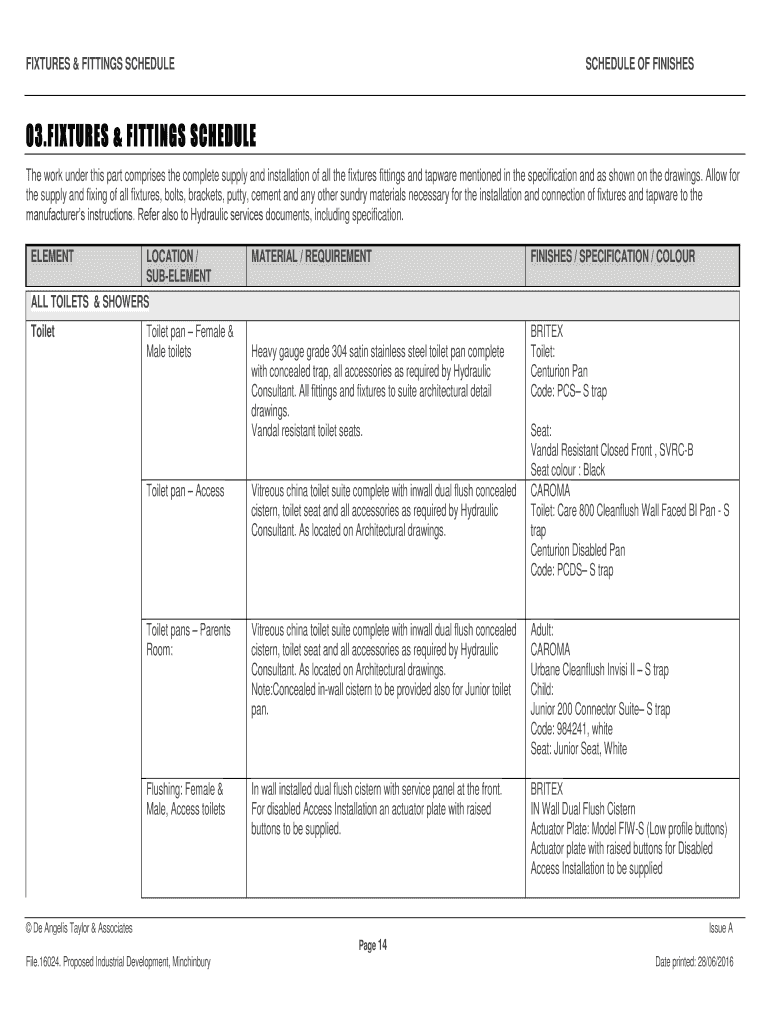 Fillable Online FIXTURES & FITTINGS SCHEDULE Fax Email Print pdfFiller
