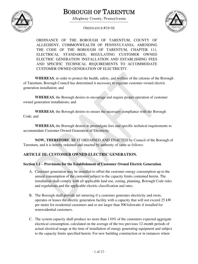 Fillable Online Borough of Tarentum, PA Table of Contents eCode360