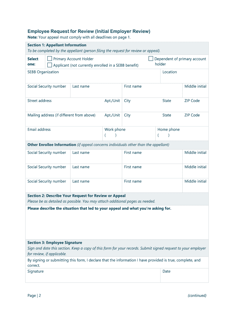 SEBB Employee request for review/Notice of appeal 2020 Preview on Page 1