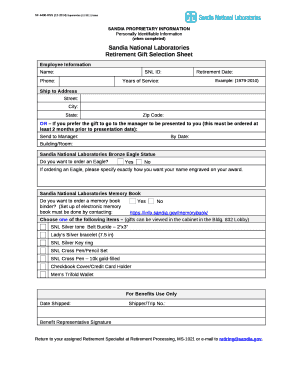 SF 4400-RSS;SNL RETIREMENT GIFT SELECTION SHEET