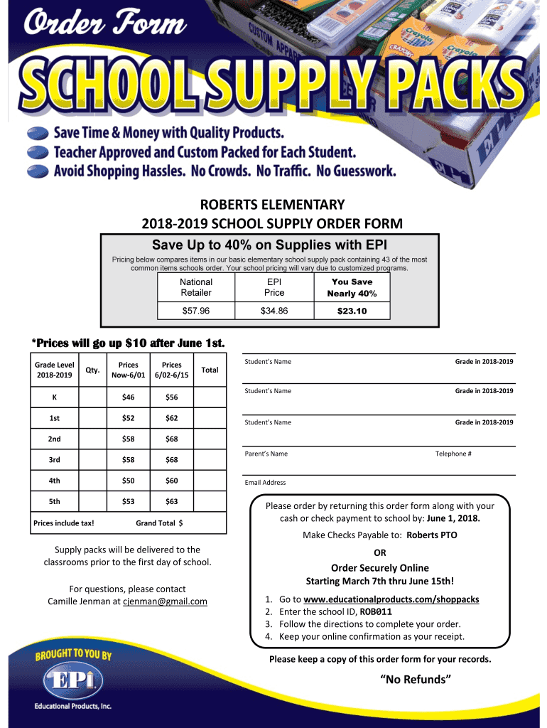 Fillable Online ROBERTS ELEMENTARY 20182019 SCHOOL SUPPLY ORDER FORM