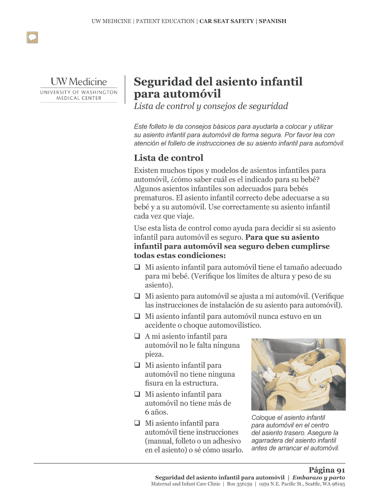 Fillable Online UW MEDICINE PATIENT EDUCATION Car Seat Safety spanish