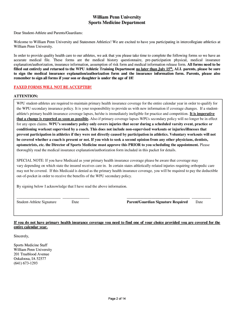 Sports Medicine Department Pre-Participation Physical Forms Preview on Page 1