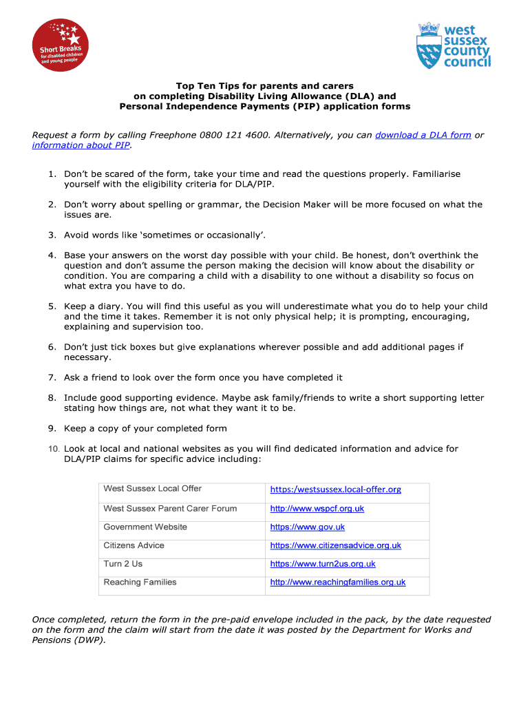 Fillable Online Top Ten Tips for parents and carers on completing DLA