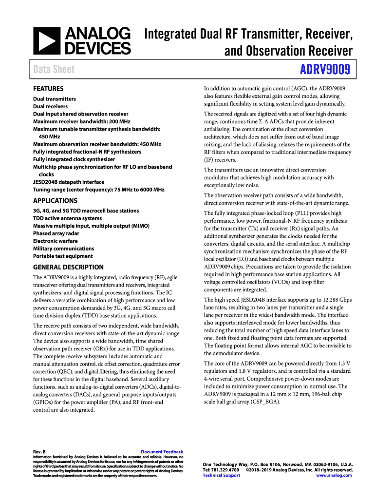 Fillable Online ADRV9009 (Rev. B). Integrated Dual RF Transmitter
