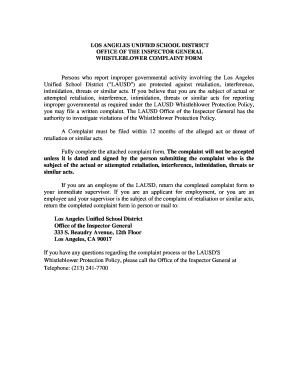 LOS ANGELES UNIFIED SCHOOL DISTRICT OFFICE OF THE INSPECTOR GENERAL WHISTLEBLOWER COMPLAINT FORM