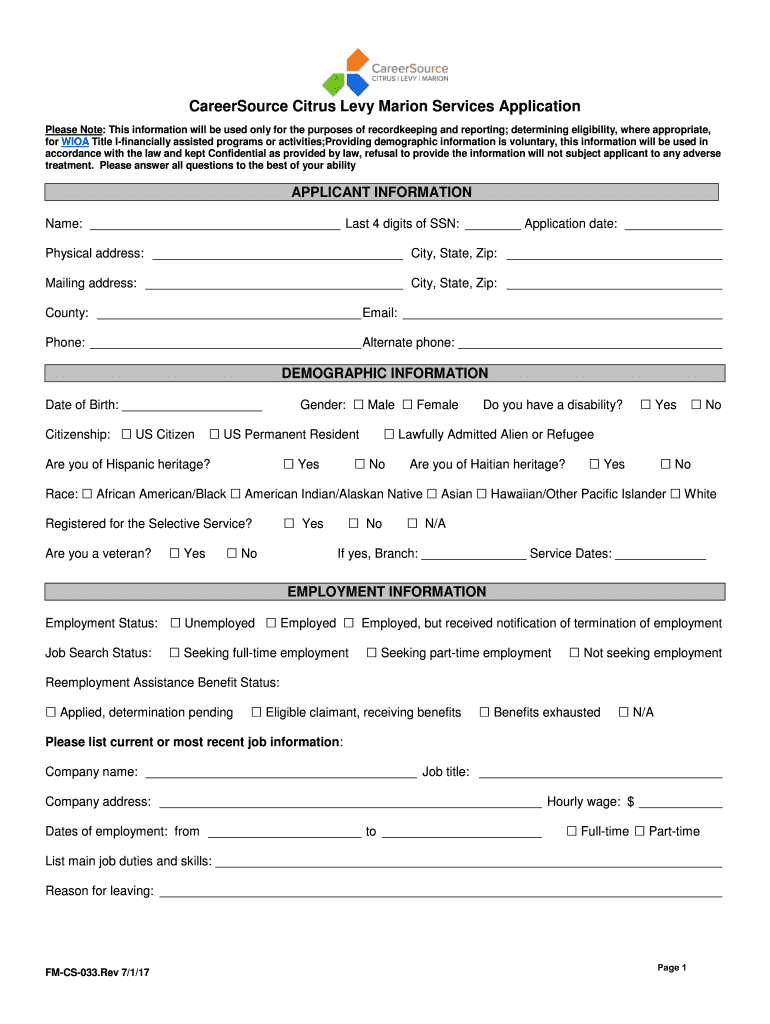 Fillable Online CareerSource Citrus Levy Marion Services Application ...