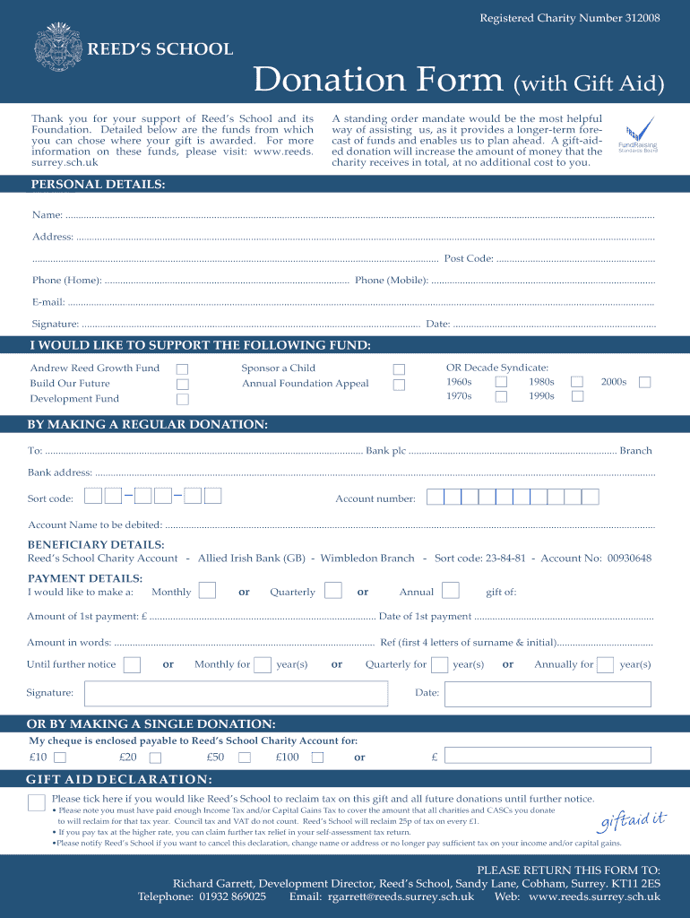 Gift Aid Declaration - Reed's School Preview on Page 1