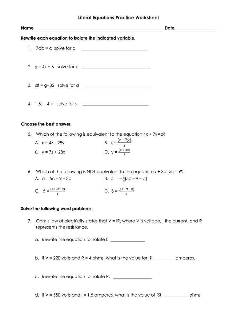 Literal Equations Practice Worksheet - Fill and Sign Printable Regarding Literal Equations Worksheet Answers