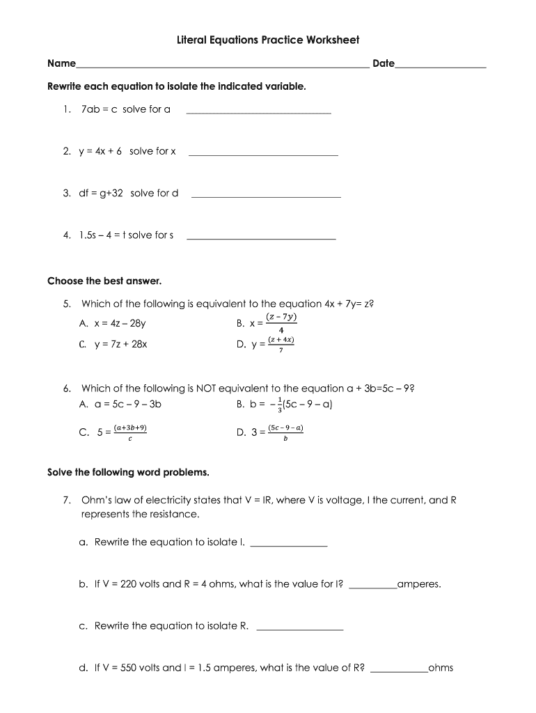 Literal Equations Practice Worksheet Answers Fill Online Printable