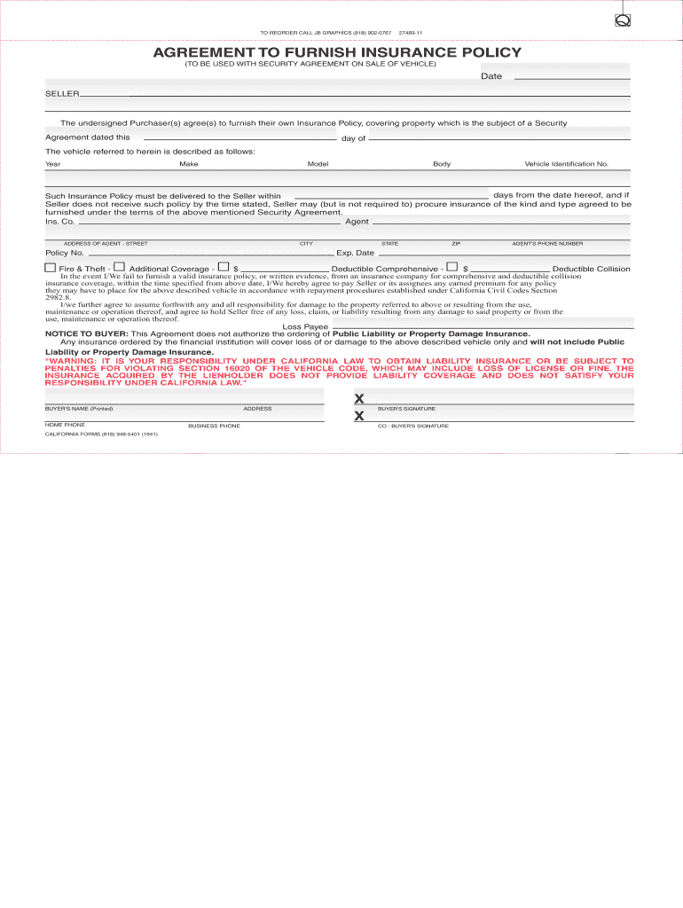 agreement to furnish insurance policy Preview on Page 1