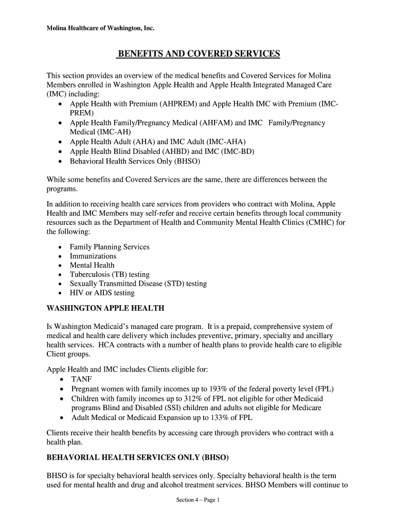 Fillable Online What's Covered with Molina Apple Health Medicaid Plans