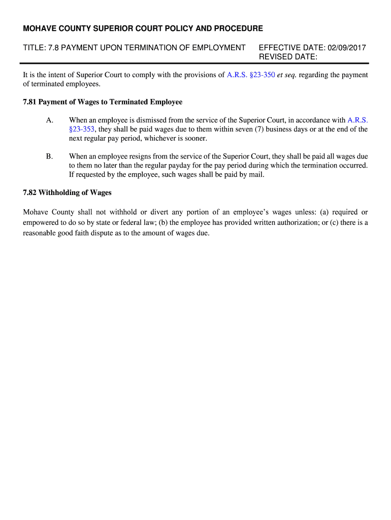 Fillable Online 7.8 payment upon termination of employment effective