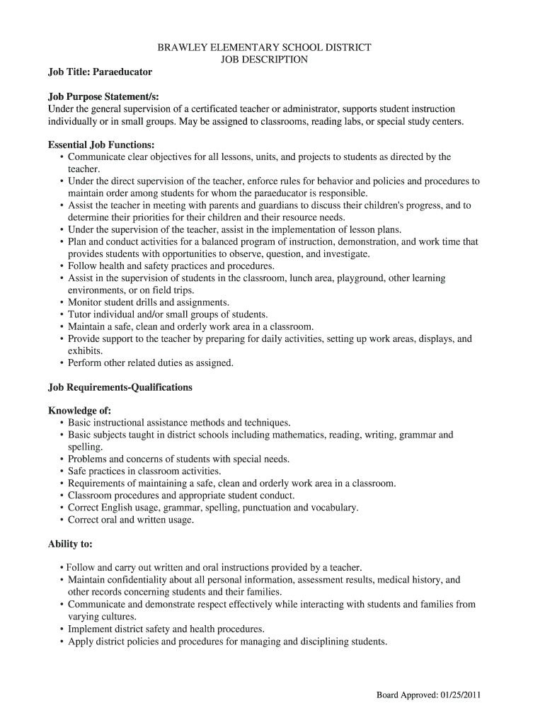 Fillable Online JOB DESCRIPTION Paraeducator One on One Classroom Fax