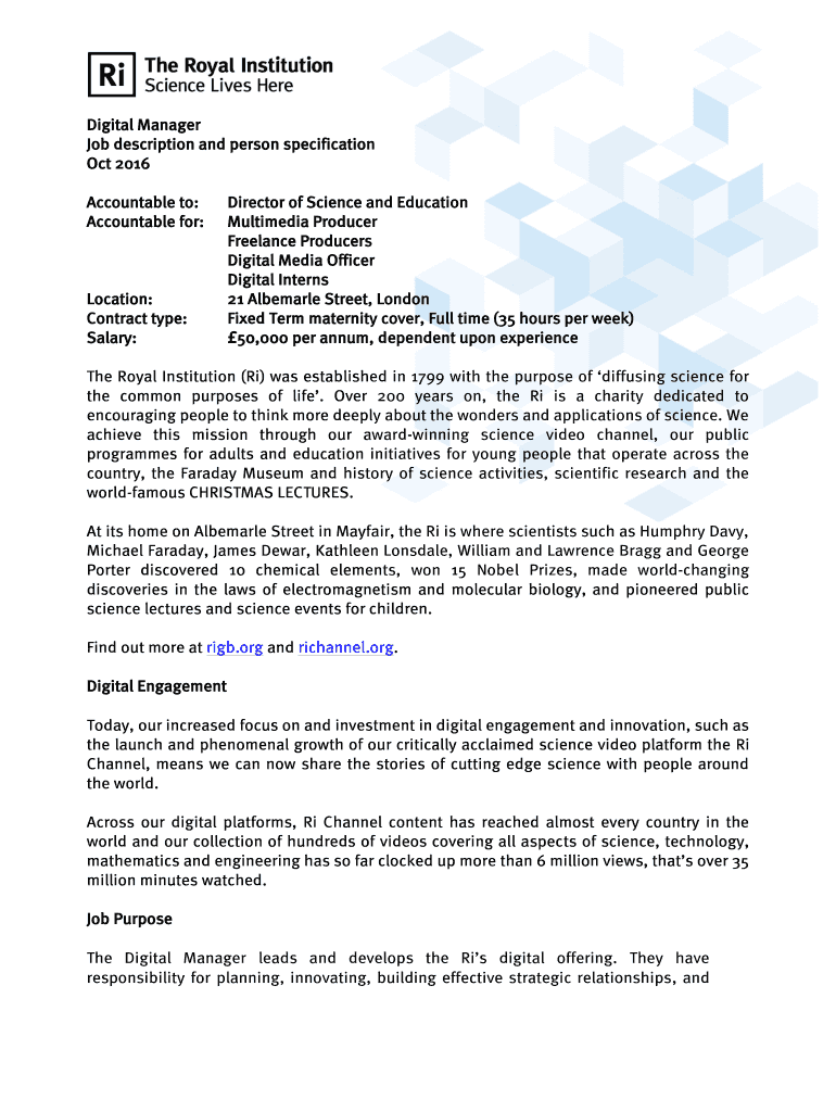 Fillable Online Digital Manager Job description and person specification Oct Fax Email Print