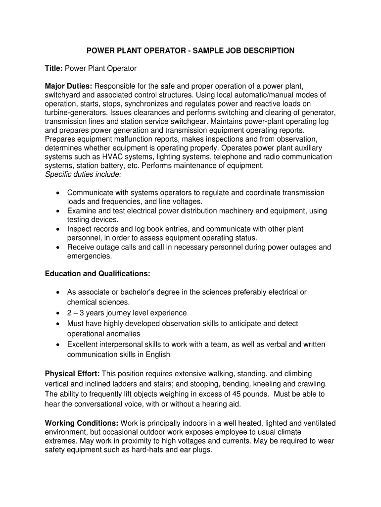 Fillable Online Professional Power Plant Operator Job Description Template Fax Email Print