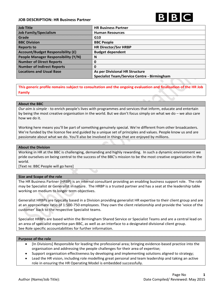Fillable Online JOB DESCRIPTION HR Business Partner the BBC Careers