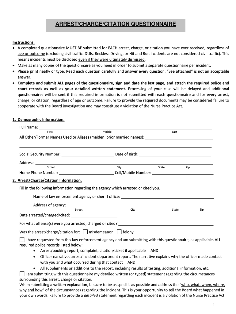 ARREST CHARGE CITATION QUESTIONNAIRE Preview on Page 1