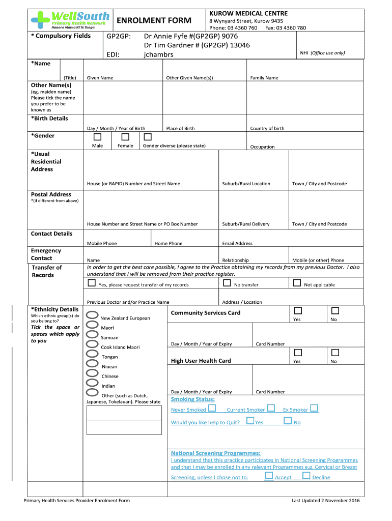 Fillable Online KUROW MEDICAL CENTRE ENROLMENT FORM Fax Email Print pdfFiller