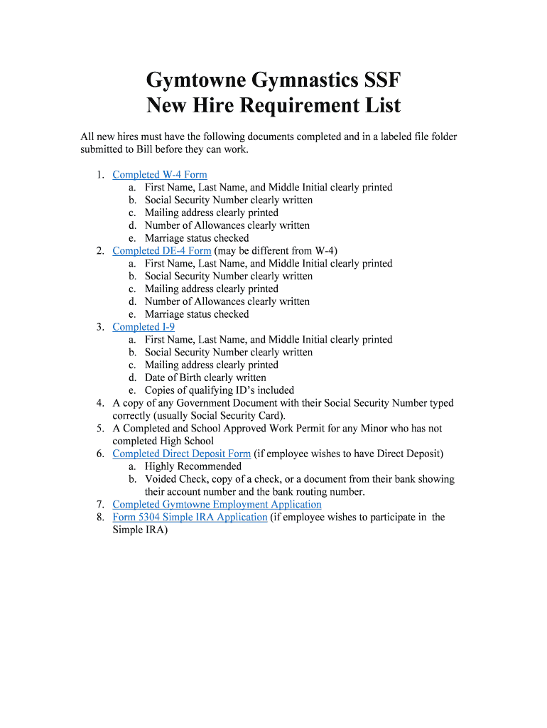 Fillable Online Gymtowne Gymnastics SSF New Hire Requirement List Fax