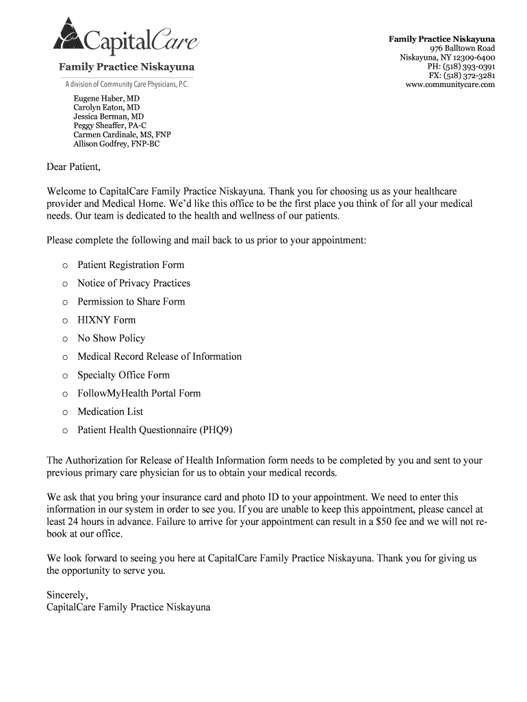 Fillable Online Dear Patient, to CapitalCare Family Practice