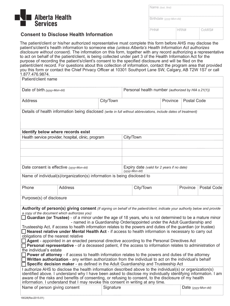 Consent to Disclose Health Information Form - Alberta Health Preview on Page 1