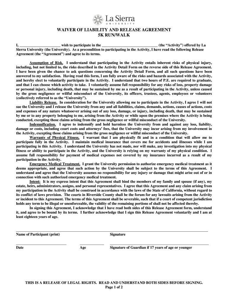 Fillable Online Waiver 5K Run Walk. Wavier Fax Email Print - pdfFiller