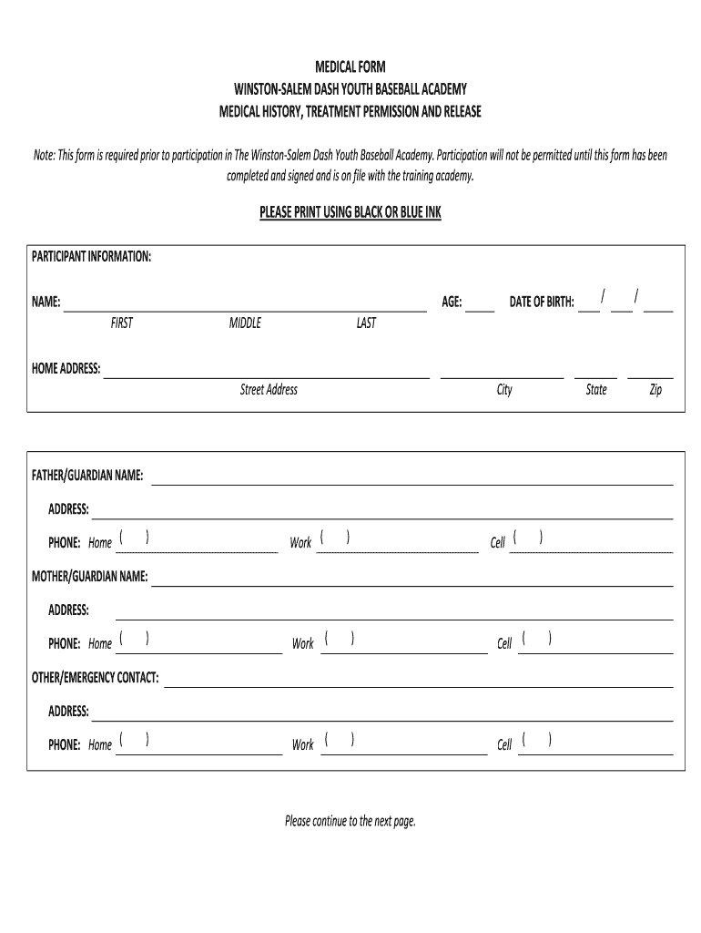 medical form winston-salem dash youth baseball academy Preview on Page 1