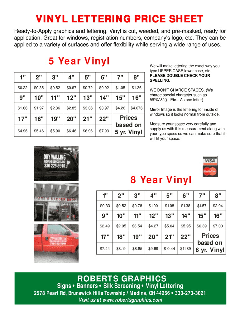 Fillable Online Vinyl Lettering Price Sheet one pade.p65 Roberts Graphics Fax Email Print