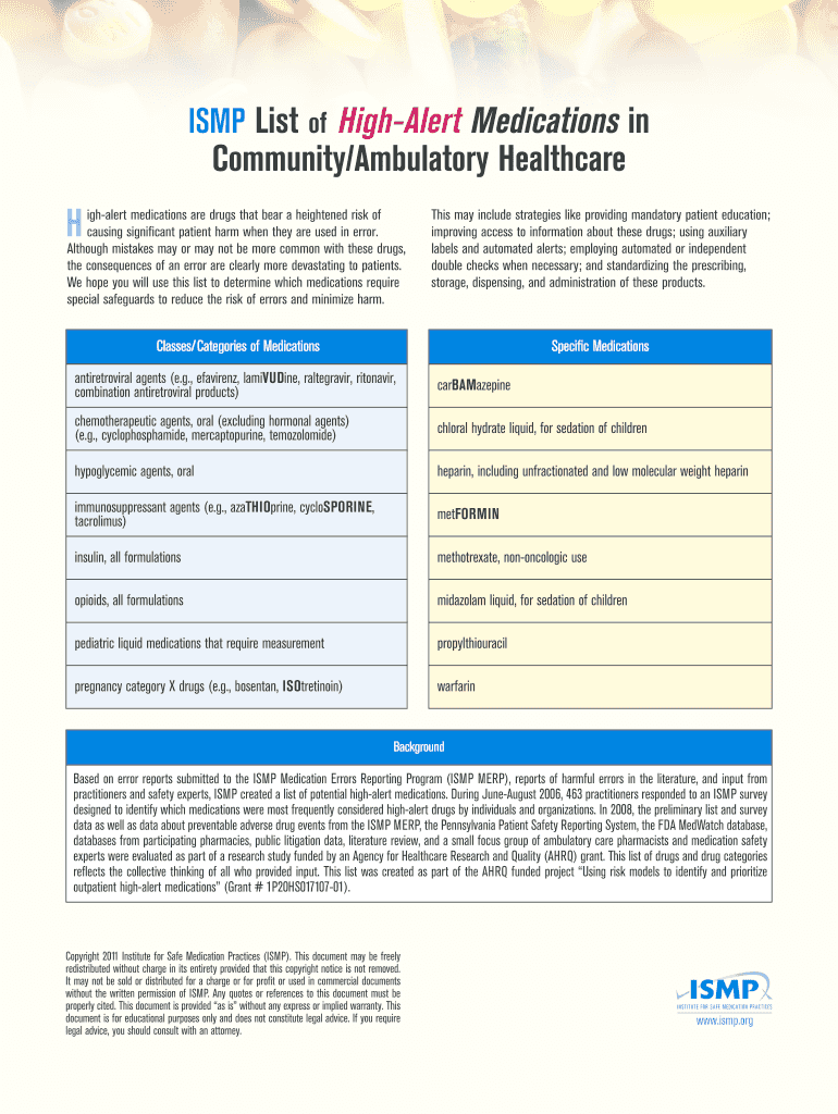 Fillable Online ISMP List of HighAlert Medications in Community